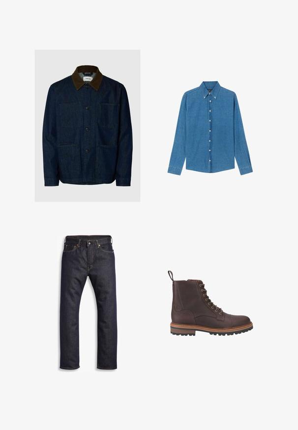 Dunkelblaue Jeansjacke mit braunem Cordkragen, Knopfleiste vorne und drei aufgesetzten Taschen.; Blaue Denim-Hemd mit Button-down-Kragen, langen Ärmeln und Knöpfen vorne. Der Stoff hat eine strukturierte Oberfläche und einen klassischen Schnitt.; Dunkelblaue Jeans aus Denim mit geradem Schnitt, Fünf-Taschen-Design, metallischen Komponenten und kontrastierenden orangen Nähten. Glatte Textur, keine sichtbaren Muster.; Braune Leder-Stiefeletten mit Schnürung, strukturierter Oberfläche, kontrastierenden beigen Sohlen und Metallösen. Verfügen über eine Lasche zum einfachen An- und Ausziehen.