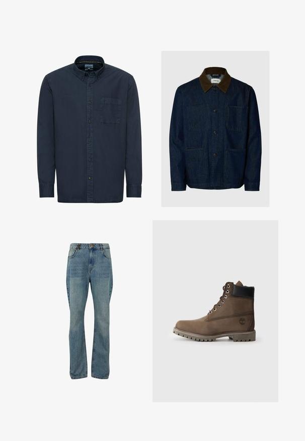 Dunkelblaue Jeansjacke mit braunem Cordkragen, Knopfleiste vorne und drei aufgesetzten Taschen.; Marineblaue Button-Down-Hemd aus Baumwolle. Verfügt über einen klassischen Kragen, lange Ärmel, eine einzelne Brusttasche und dezente Nähdetails.; Hellblaue Denim-Jeans mit geraden Beinen, Fünf-Taschen-Design, Knopf- und Reißverschlussverschluss sowie klassischen Steppdetails.; Braune Leder-Stiefelette mit schwarzem Kragen, Metallösen und robustem grauen Sohlen. Verfügt über ein Logo an der Seite und genähten Details.