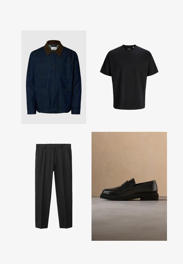 Veste en denim bleu foncé avec col en velours côtelé marron, fermeture à boutons sur le devant et trois poches plaquées.; T-shirt noir uni à manches courtes et col rond, coupe régulière, présenté sur un fond blanc.; Pantalon noir avec une coupe ajustée, devant plissé, passants pour ceinture et fermeture par bouton. Confectionné en tissu lisse avec une jambe droite.; Mocassin en cuir noir flottant au-dessus d'un tapis beige texturé, avec une table basse ronde en bois et des livres en arrière-plan.