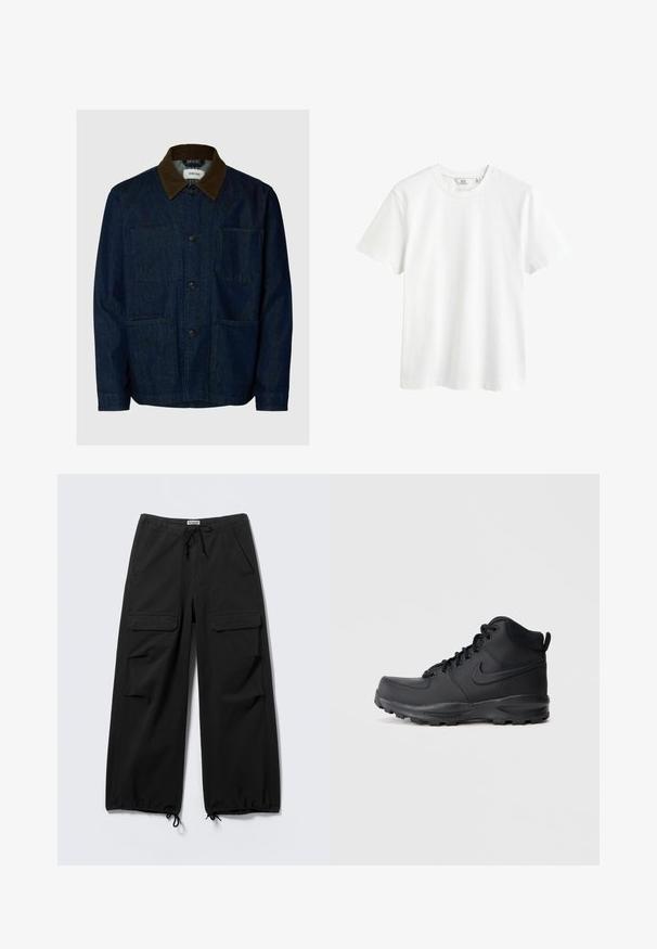 Mørkeblå denimjakke med brun fløjlskrave, knaplukning foran og tre påsatte lommer.; Hvid bomulds t-shirt med rund halsudskæring, korte Ærmer og afslappet pasform. Glat tekstur, ingen mønstre eller dekorationer.; Sorte cargobukser med vide ben, forlommer med klap foran, snøre i taljen og justerbare snore ved benenderne.; Sort high-top sneakers med en glat syntetisk overdel, rund tå, polstret krave og tekstureret gummisål. Har snørebåndsdesign og logoaccent.