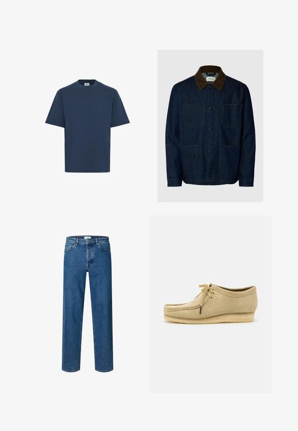 Donkerblauwe spijkerjasje met een bruine corduroy kraag, knoopsluiting aan de voorkant en drie opgestikte zakken.; Marineblauwe katoenen t-shirt met een ronde hals, korte mouwen en een rechte zoom. Beschikt over een klein merkje aan de onderkant aan de linkerzijde.; Blauwe straight-leg denim jeans met knoop- en ritssluiting, ceintuurlussen en een vijfzakkenontwerp.; Beige suède schoen met een vetersluiting, gestikte details en een rubberen zool. De vorm is casual met een lichte sleehak.