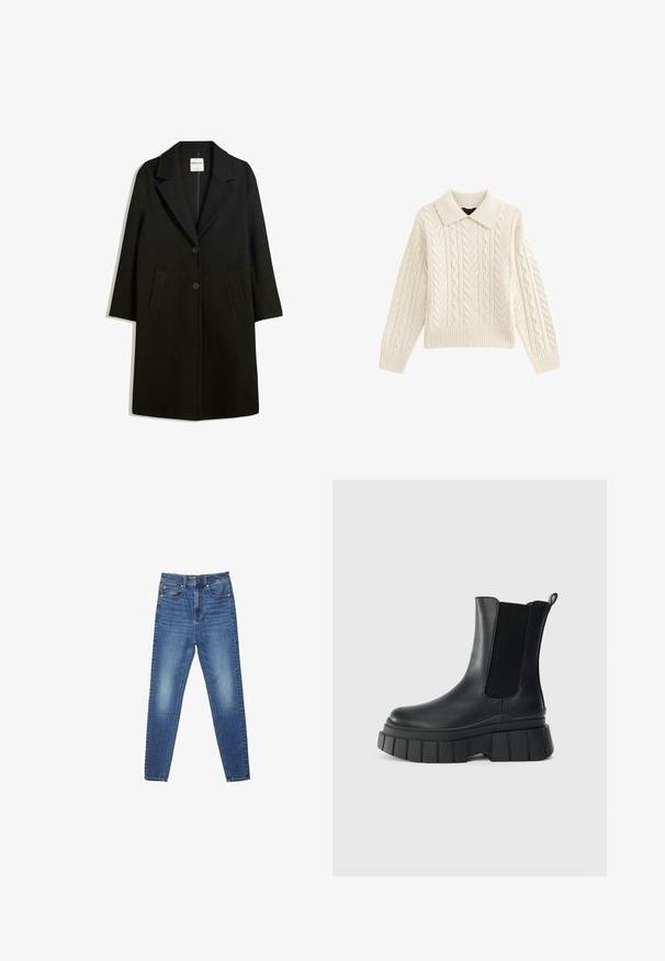Sort frakke med reverskrave, to forlommer og knaplukning. Fremstillet af blødt stof, med en lige silhuet og knælangt design.; Cable-knit trøje i creme, med krave, ribbet kant og lange ærmer med teksturerede mønstre. Blødt, strikket stof.; Blå high-waist slim-fit denimjeans med lommer foran og bagpå, knaplukning og diskrete falmede detaljer på lår og knæ.; Sorte ankelstøvler lavet af glat læder med elastiske sidepaneler, en tyk, rillede sål, og en strop bagpå.