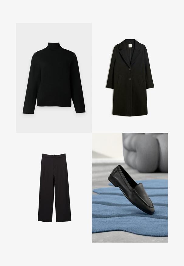 Manteau noir avec un col cranté, deux poches avant et fermeture à bouton. Fabriqué en tissu doux, présentant une silhouette droite et une longueur au genou.; Un pull col roulé noir en tricot doux, doté de manches longues et d'une coupe décontractée. Texture lisse sans motifs ou accents visibles.; Pantalon large noir à plis avant avec passants pour ceinture, coupe ajustée, taille moyenne, et fermeture avant dissimulée.; Chaussure slip-on en cuir noir à finition lisse, bout arrondi et semelle plate, posée sur un tapis bleu texturé avec des motifs ondulés.