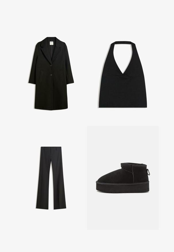 Sort frakke med reverskrave, to forlommer og knaplukning. Fremstillet af blødt stof, med en lige silhuet og knælangt design.; Sort halterneck crop top med dyb V-udskæring og bred nakkestrop mod en hvid baggrund.; Sorte, flarede bukser med en glat tekstur, der har en skræddersyet pasform og en talje. Ingen synlige mønstre eller udsmykninger.; Sorte ruskinds ankelstøvler med en rund tå, der har en forhøjet sål og en sidesløjfe for nem påtagning. Designet er enkelt med minimale detaljer.