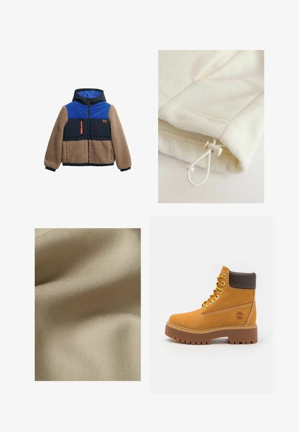 Vachtige beige en marineblauwe jas met een blauwe corduroy bovenkant, capuchon en oranje accenten. Voorzien van zippered zijzakken en een borstzak.; Fleece kledingstuk in off-white met een zachte textuur, voorzien van een touwtje met schuifknop voor verstelbaarheid aan de zoom.; Beige gestructureerde stof met een fijn, ribbelpatroon. Het materiaal lijkt glad met een subtiele glans en valt zacht in plooien.; Tan waterdichte enkelboot met een stevige rubberen zool, ronde neus, bruine leren kraag, gele veters en een logo aan de zijkant.