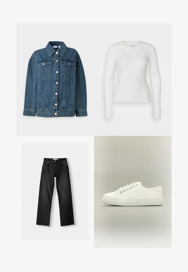 Blå denim jakke med lange ærmer, krave, foran knaplukning og to brystlommer med knaplukning.; Hvid langærmet ribbet top med en rund halsudskæring. Stoffet er glat og har en subtil tekstur samt en tætsiddende design. Ingen synlige detaljer eller mønstre.; Bershka Jeans Straight Leg - mottled dark grey; Hvid lavtop sneaker med hvide snørebånd og gummisål vist fra siden på en neutral baggrund.