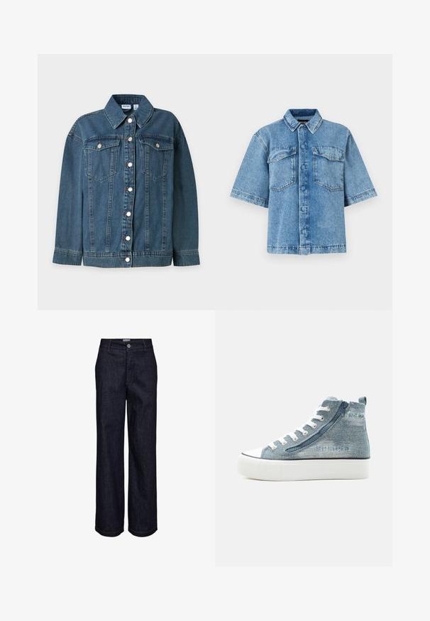 Blå denim jakke med lange ærmer, krave, foran knaplukning og to brystlommer med knaplukning.; Kortærmet denimskjorte i lyseblå med spread krave, to brystlommer og knaplukning fortil. Skjorten har en afslappet pasform og synlige syninger.; Mørkeblå denimjeans med lige ben, knap- og lynlåslukning, bæltestropper og synlige syningsdetaljer.; Høj top denim sneaker med hvide snørebånd, sidelås, gummisål og mærket syet detalje på ydersiden.