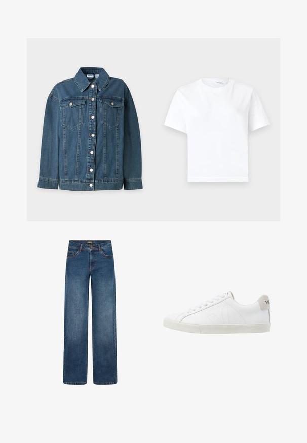 Chaqueta de mezclilla azul con mangas largas, cuello, cierre frontal con botones y dos bolsillos en el pecho con botones.; Camiseta blanca lisa de algodón de manga corta con cuello redondo y dobladillo recto, mostrada sobre un fondo blanco.; Vaqueros de pierna ancha en lavado azul medio. Cuentan con cinco bolsillos, cierre de botón y cremallera, y costuras doblemente reforzadas. Tejido duradero.; Zapatillas de cuero blanco con una suela de goma texturizada en un tono blanco roto. Las características incluyen cordones, costuras sutiles y un acento en gamuza gris en el talón.