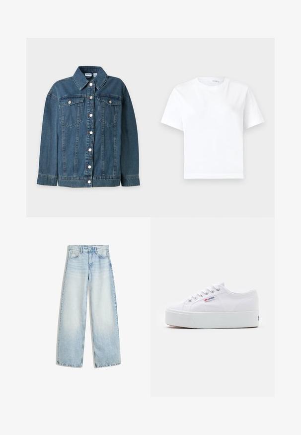 Blauwe spijkerjas met lange mouwen, kraag, knoopsluiting aan de voorkant en twee geknoopte borstzakken.; Effen witte katoenen T-shirt met korte mouwen, ronde hals en rechte zoom, getoond op een witte achtergrond.; Lichtblauwe denim wijde jeans met een hoge taille, vijf zakken, een knoopsluiting en een vervaagde afwerking. Heeft rechte, losse benen.; Witte canvas sneaker met een dikke witte platformzool, ronde neus en metalen oogjes voor veters. Merkl logo aan de zijkant weergegeven.
