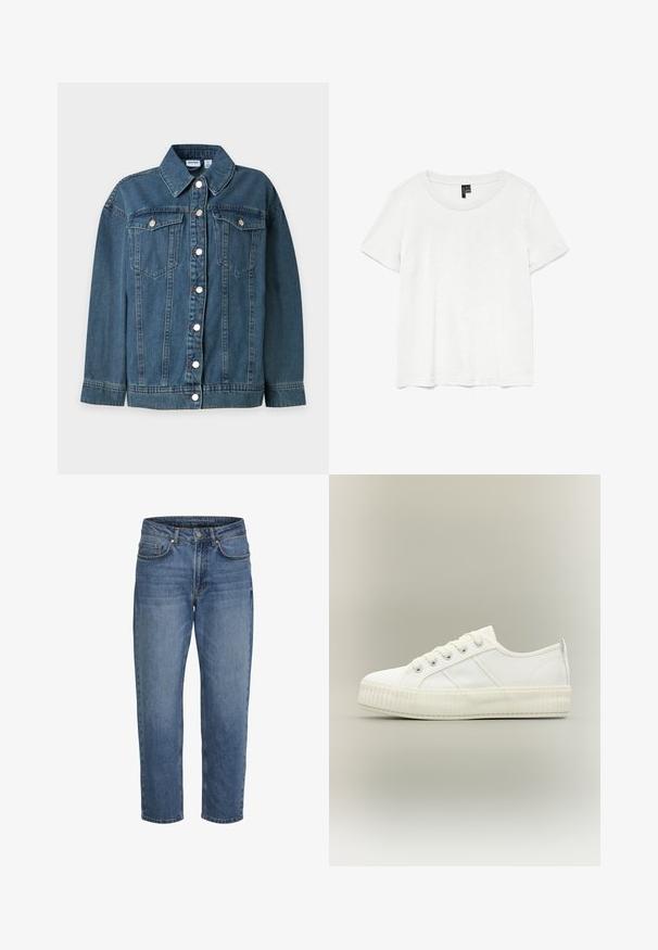 Blå denim jakke med lange ærmer, krave, foran knaplukning og to brystlommer med knaplukning.; Hvid kortærmet t-shirt med rund halsudskæring, lavet af letvægtsstof. Enkel design, glat tekstur og lige kant.; Blå denim jeans med lige ben, forfra lukning med knap og lynlås samt lommer foran og bagpå, vist mod en hvid baggrund.; Hvid lavtop sneaker med tyk ribbet sål, snørelukning foran og trækflap på hælen mod en neutral baggrund.