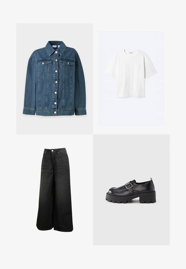 Blaue Jeansjacke mit langen Ärmeln, Kragen, vorderem Knopfverschluss und zwei mit Knöpfen verschließbaren Brusttaschen.; Weißes T-Shirt mit kurzen Ärmeln und Rundhalsausschnitt mit geradem Saum, innen mit gebrandetem "WEEKDAY"-Label am Kragen.; Schwarze weit geschnittene Jeans mit hoher Taille, Frontknopf, Taschen und dezentem Logo auf der Vorder-Tasche.; Schwarze Plateau-Lederschuhe mit abgerundeter Spitze, breitem Schnallendetail an der Seite und strukturierter Gummisohle.