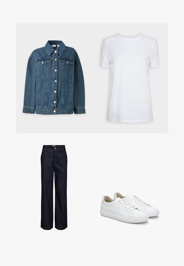 Veste en jean bleue à manches longues, col, fermeture à boutons à l'avant et deux poches poitrine à boutons.; T-shirt blanc uni à manches courtes, col rond, coupe régulière, avec une petite étiquette à l’intérieur du col indiquant "SELECTED FEMME."; Jeans en denim bleu foncé à jambes droites avec fermeture par bouton et zip, passants pour ceinture, et détails de coutures visibles.; Baskets blanches en cuir avec une texture lisse, bout rond et semelles en caoutchouc plates. Présentent des lacets et un design minimaliste sans motifs.