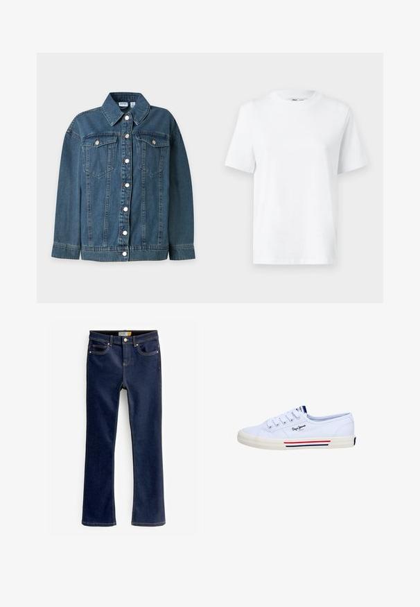 Blå denim jakke med lange ærmer, krave, foran knaplukning og to brystlommer med knaplukning.; Hvid bomulds T-shirt med rund hals, kortærmet og en glat tekstur. Designet med en afslappet pasform for komfort og alsidighed.; Bootcut blå jeans lavet af denim, med forlommer, synlige syninger og en let flared nederste kant. Ingen slid eller dekorationer.; Hvid lavt snøret sneakers i lærred med hvide snørebånd, mærket "Pepe Jeans London", og en sål med røde og blå striber.