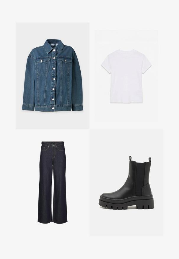 Veste en jean bleue à manches longues, col, fermeture à boutons à l'avant et deux poches poitrine à boutons.; T-shirt en coton blanc uni à manches courtes et col rond, étalé à plat sur un fond blanc.; Jeans taille haute à jambes larges en denim foncé. Dotés de coutures classiques, de cinq poches et d'une fermeture à bouton à l'avant.; Bottines noires en cuir avec des panneaux élastiques sur les côtés, des languettes de traction et une semelle en caoutchouc épaisse et robuste présentant des découpes.