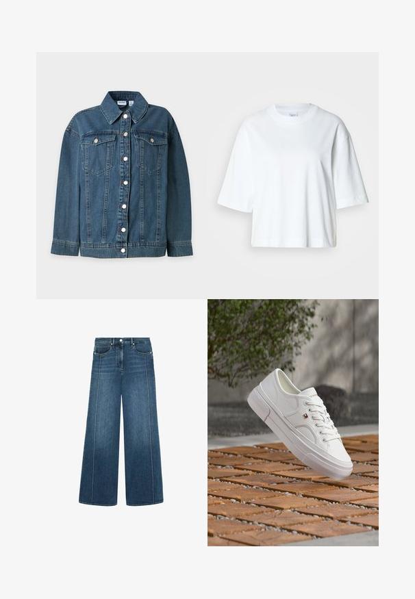 Blauwe spijkerjas met lange mouwen, kraag, knoopsluiting aan de voorkant en twee geknoopte borstzakken.; Witte cropped t-shirt met korte mouwen, ronde hals, gemaakt van zacht katoen, met een eenvoudig en strak ontwerp.; Wijde denim jeans in donkerblauw met contrasterende witte stiksels, vijf-pocketontwerp en een knoopsluiting in de taille.; Witte leren sneaker met veters en een klein rood, wit en blauw logo, zwevend boven een patroon van hout en kiezelstenen buiten.