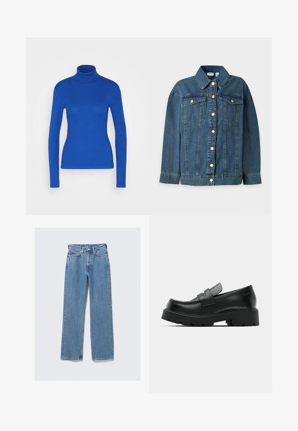 Blå denim jakke med lange ærmer, krave, foran knaplukning og to brystlommer med knaplukning.; Blå langærmet turtleneck top lavet af ribbet materiale, med en tætsiddende silhuet og glat tekstur. Ingen yderligere detaljer til stede.; Blå, høj-taljede, straight-leg denimjeans med frontknap, lynlås, bæltestropper og fem-lommer design på en ensartet lys baggrund.; Sorte læder loafers med en chunky tekstureret sål, der har en rem over vamps og en glat, poleret finish.