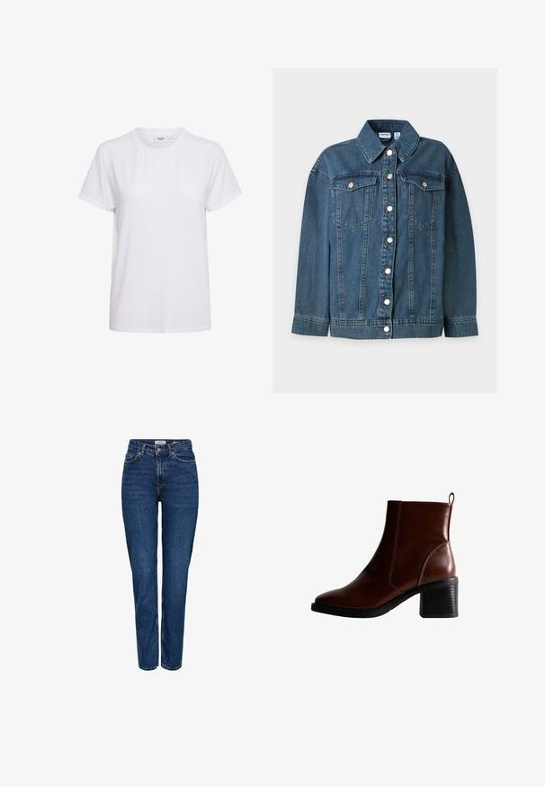 Blå denim jakke med lange ærmer, krave, foran knaplukning og to brystlommer med knaplukning.; Kortærmet hvid T-shirt lavet af blødt bomuldsstof. Har en rund halsudskæring og et enkelt, sømløst design uden udsmykninger eller mønstre.; Mørkeblå denimjeans med lige ben, høj talje, fem lommer, lyse syninger og en diskret struktureret finish.; Brun læder ankelstøvle med firkantet tå og sidesøm, en 7,5 cm stablet hæl og en trækflap bagpå for nem påtagning.