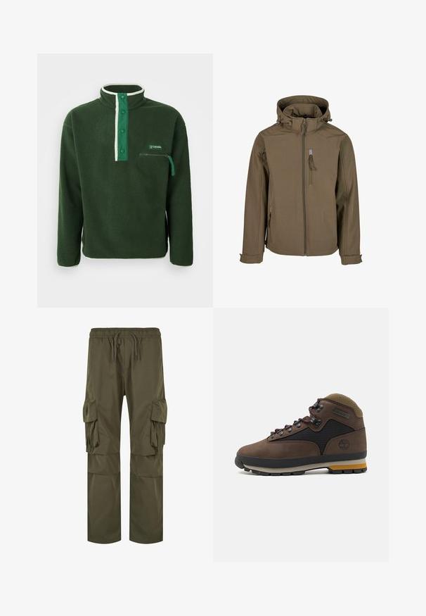 Chaqueta softshell marrón con capucha ajustada, cierre frontal con cremallera, dos bolsillos laterales y un bolsillo adicional en el pecho. Cuenta con puños ajustables.; Polaire verde con cuello alto, que presenta una cremallera blanca en contraste, botones a presión y un bolsillo en el pecho con cremallera. Tejido texturizado.; Pantalones cargo en verde oliva, que cuentan con una cintura elástica con cordón, múltiples bolsillos laterales y un corte holgado con detalles plisados.; Bota de senderismo marrón con un diseño de gamuza y malla, que presenta ojales de metal, cordones morados y una suela de goma con acentos amarillos.