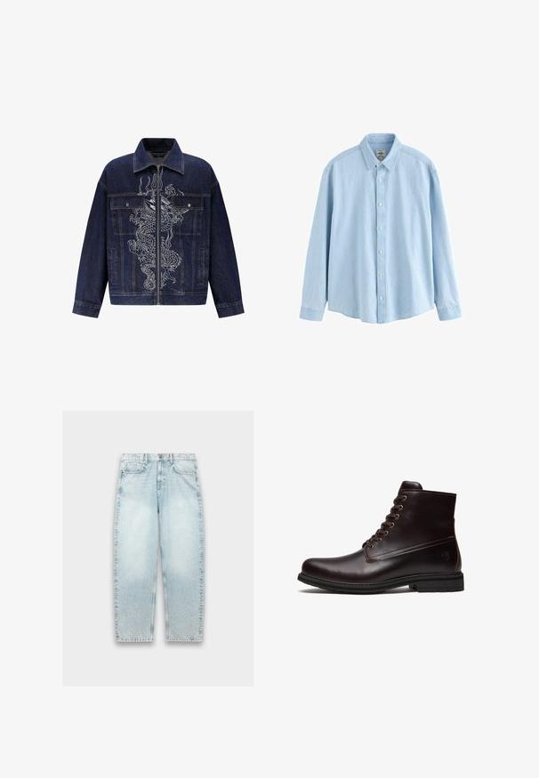 Mørkeblå denimjakke med en fremtrædende hvid dragebroderi på fronten, lynlås lukning og to frontlommer.; Lyseblå denimskjorte med lange ærmer, knapper og krave, medium størrelse, vist mod en hvid baggrund.; Lyseblå denimjeans med løs pasform, lige ben, falmet tekstur, fem-lomme design og metalknaplukning i taljen.; Mørkebrun læder snørestøvle med gummisål og subtilt præget logo nær hælen, vist fra ydersiden.