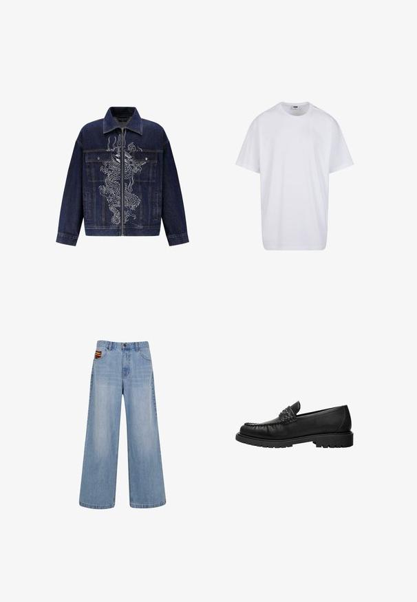 Donkerblauwe denimjack met een opvallende witte draakborduursel op de voorkant, ritsluiting en twee voorzakken.; Effen witte katoenen T-shirt met korte mouwen, ronde hals en zichtbare maat- en merklabel aan de binnenkant van de kraag.; Lichtblauwe wijde jeans met hoge taille en een klein kleurrijk geweven detail dat uit de rechtervoorkant van de broekzak steekt.; Zwarte leren loafer met gestikte bovenkant, met studs versierd bandje en dikke grof profielzool, zijaanzicht op witte achtergrond.