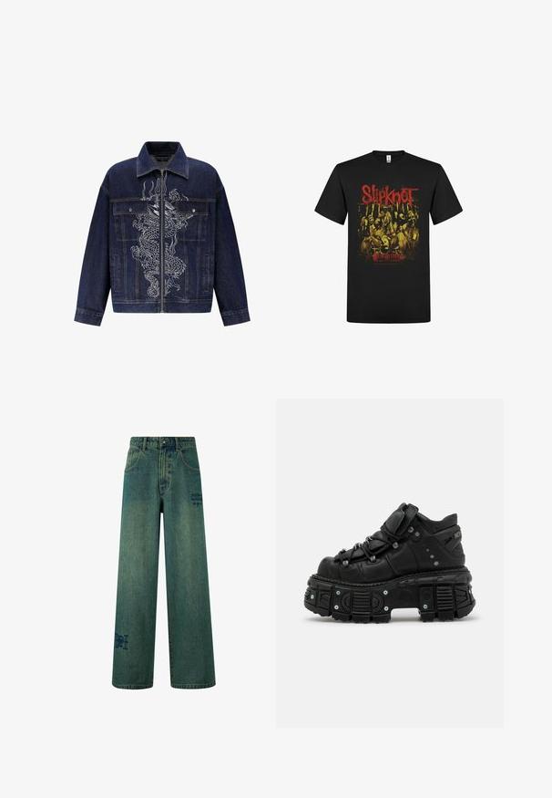 Veste en denim bleu foncé, présentant une broderie de dragon blanc sur le devant, fermeture éclair et deux poches avant.; T-shirt noir avec texte rouge "Slipknot" et image des membres masqués du groupe en tons jaunes et rouges au-dessus d'un code-barres rouge.; Jeans à jambe large en denim bleu foncé avec une légère texture décolorée. Comprend des poches arrière et un détail logo décoratif.; Bottines montantes noires en cuir avec une semelle en caoutchouc épaisse, un design à lacets, un col rembourré et des accents métalliques. Présente une semelle extérieure crantée pour une meilleure adhérence.