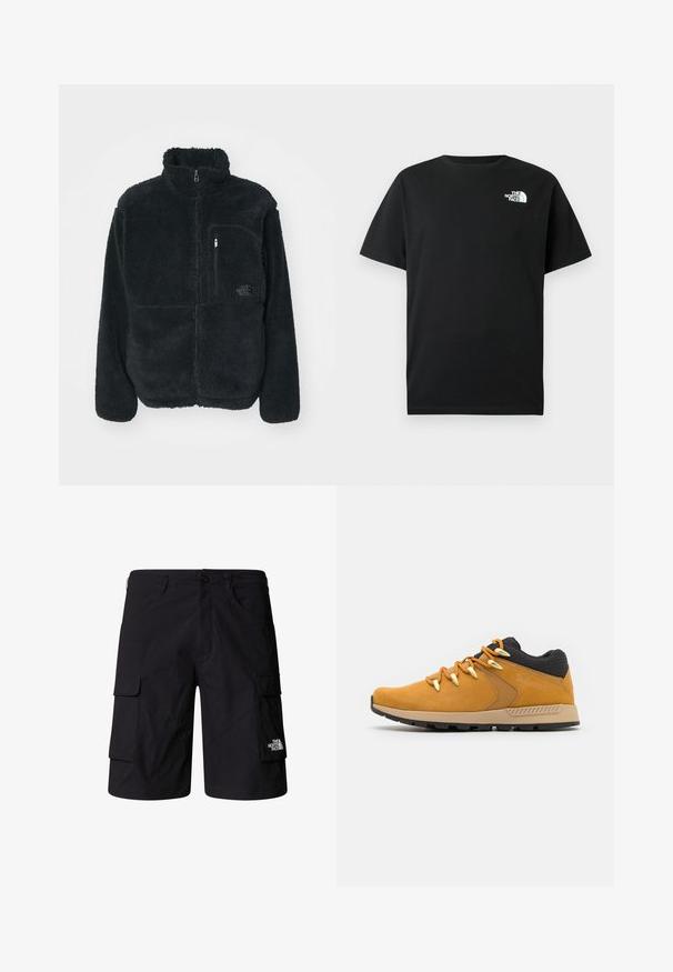 Schwarze Fleecejacke mit hohem Kragen, durchgehendem Reißverschluss und einer Brusttasche. Verfügt über eine strukturierte, weiche Oberfläche und ein Logo auf der Tasche.; Schwarzes Baumwoll-T-Shirt mit kurzen Ärmeln, Rundhalsausschnitt und weißem Logo auf der linken Brust. Einfaches, schmuckloses Design.; Schwarze Cargo-Shorts aus leichtem Stoff, ausgestattet mit zwei Seitentaschen, zwei Cargotaschen und einem Markenlogo am unteren rechten Bein.; Braune Leder- und Textilsneaker mit schwarzen Akzenten, orangefarbenen Schnürsenkeln und metallischen Ösen. Verfügt über einen strukturierten schwarzen Kragen und eine Gummisohle.