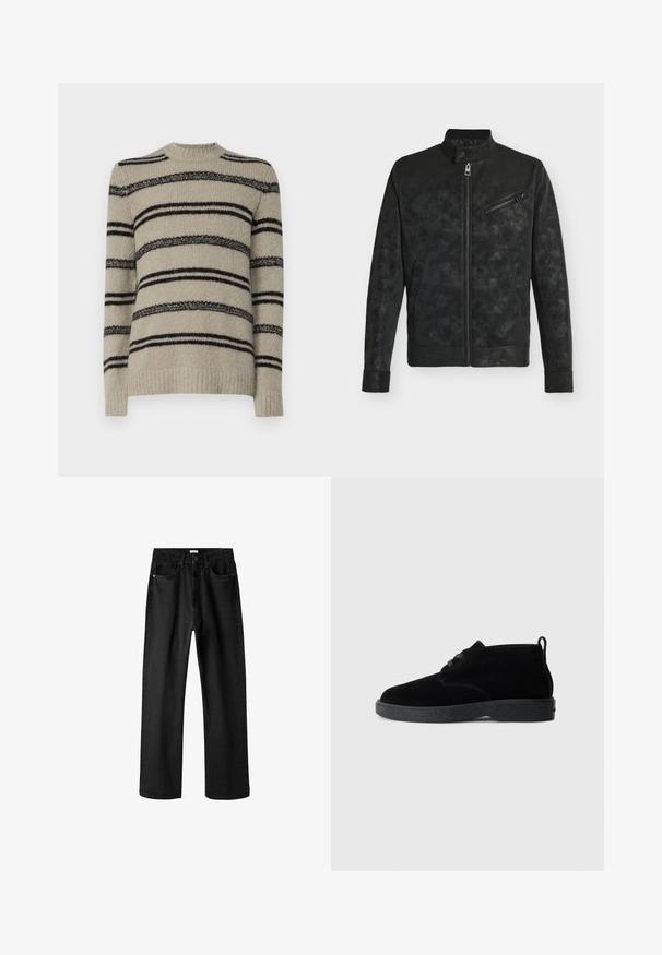 Chaqueta negra de cuero sintético con cremallera frontal, cuello alzado con botón a presión, bolsillo en el pecho con cremallera en ángulo y dos bolsillos laterales.; Suéter beige con rayas negras, textura de punto, diseño de cuello redondo y mangas largas. Presenta rayas de diferentes grosores para un detalle estilizado.; Jeans de mezclilla negra con corte recto, cinco bolsillos y cierre de botón. Presenta una textura sutil y costuras en contraste.; Botas de tobillo de ante negro con punta redondeada, diseño de cordones, suela de goma negra y una lengüeta en la parte trasera para facilitar su uso.