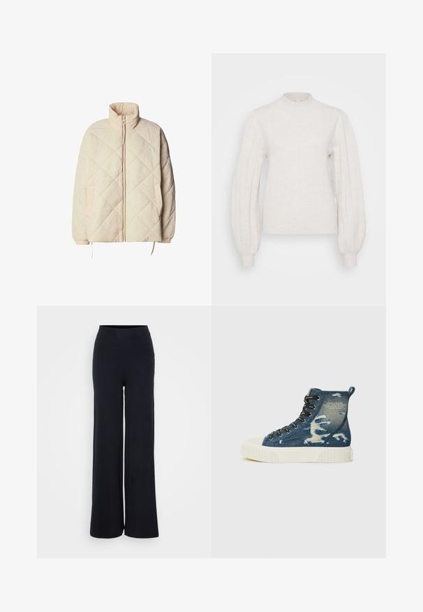 Quiltet beige jakke med høj krave, frontlynlås og elastiske manchetter. Har skrå syninger og to sidelommer. Letvægtsstof.; Bleg creme strikket sweater med høj hals, ribbet tekstur og puffede lange ærmer. Tætsiddende manchetter fuldender designet.; Sorte ribbede bukser med bred benvidde, struktureret finish og elastisk talje, som har en afslappet pasform og ingen synlig hardware.; Høj-top sneaker lavet af blå denim med slidte mønstre, featuring sorte snørebånd, en struktureret hvid gummisål og en bageste løftestrop.