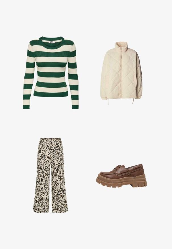 Quiltet beige jakke med høj krave, frontlynlås og elastiske manchetter. Har skrå syninger og to sidelommer. Letvægtsstof.; Grøn- og cremefarvet striped, ribbet langærmet trøje med rund halsudskæring og tætsiddende facon, med kontrasterende strikstruktur.; Buks med leopardprint og brede ben, der har en elastisk talje. Stoffet har en glat tekstur og en neutral beige baggrund med sorte og brune pletter.; Brun læder bådsko med tyk robust sål og snøre detaljer på hvid baggrund, sidevisning.