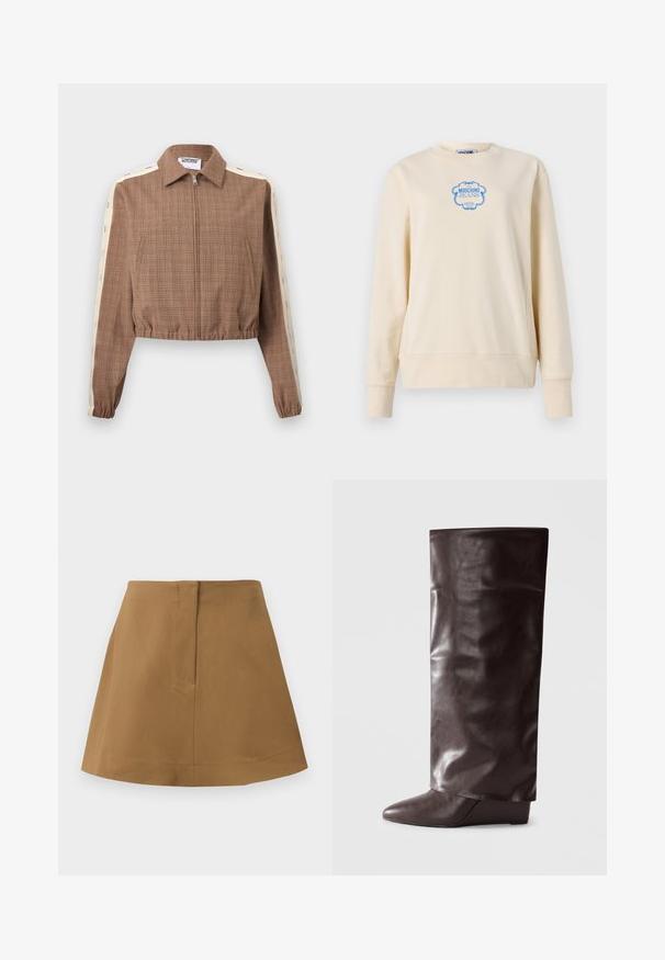 Chaqueta marrón corta con cremallera, rayas crema y texto pequeño a lo largo de las mangas, puños y dobladillo elásticos, y un cuello.; Sudadera beige fabricada en suave algodón, con un cuello redondo y mangas largas. Presenta un logo azul en un marco ornamentado en el centro.; Falda marrón con una silueta acampanada, hecha de una tela suave. Presenta una cinturilla simple y un detalle de costura en la parte posterior.; Bota de cuero marrón hasta la rodilla con una textura suave, punta afilada, tacón bajo en cuña y un acabado ligeramente arrugado.