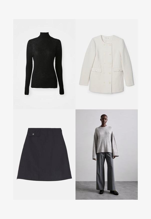 Manteau blanc à double boutonnage en tissu texturé, col rond et deux poches avant, avec des accents de boutons décoratifs.; Pull en maille côtelée noir à manches longues, col roulé, coupe ajustée et texture subtile sur fond blanc.; Jupe en coton noir avec une silhouette droite, dotée d'une poche boutonnée, d'une fermeture éclair sur le côté et d'une texture de tissu lisse.; Pull en maille gris avec des manches larges et un ourlet côtelé, assorti à un pantalon gris taille haute avec un motif à carreaux discret et des mocassins noirs.