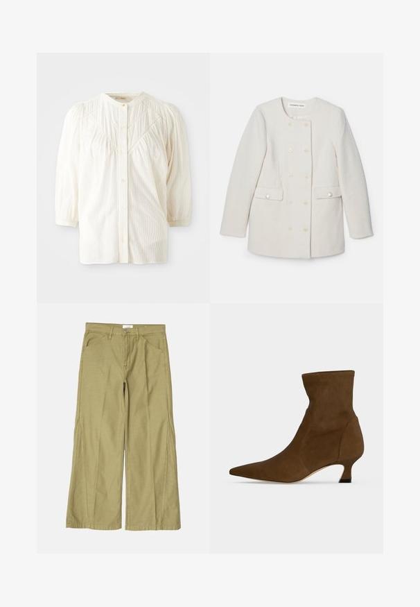 Abrigo blanco de doble faz con una tela texturizada, cuello redondo y dos bolsillos frontales, con acentos decorativos de botones.; Blusa blanca de botones con cuello redondo, hombros plisados y mangas largas. Presenta sutiles rayas verticales y un corte relajado.; Pantalones de pierna ancha en algodón verde oliva claro, con cremallera en la parte delantera, bolsillos frontales y detalles cosidos a lo largo de las costuras.; Bota marrón hasta el tobillo con puntera puntiaguda y tacón bajo tipo salón, hecha de material liso, mostrada sobre un fondo liso.