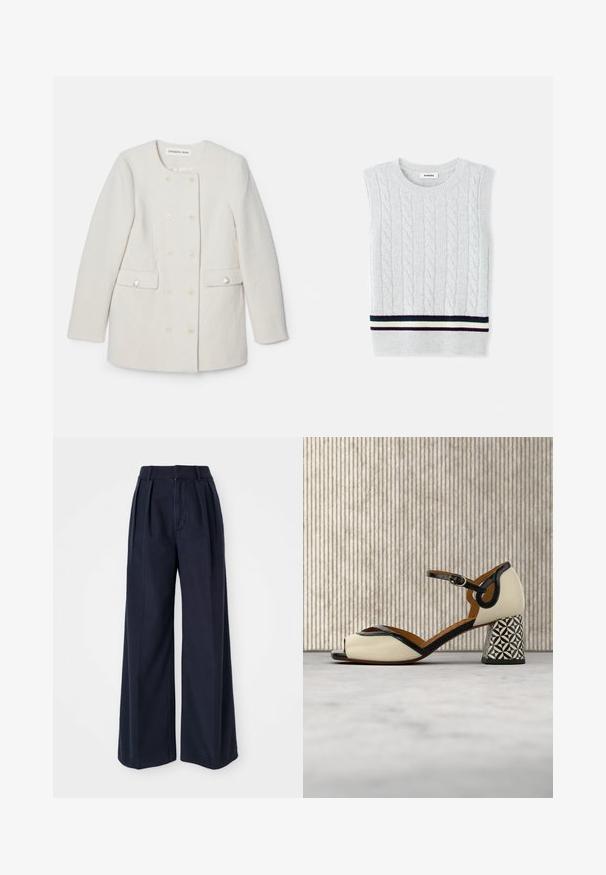 Manteau blanc à double boutonnage en tissu texturé, col rond et deux poches avant, avec des accents de boutons décoratifs.; Gilet sans manches gris clair avec un motif de tricot en torsades et un ourlet côtelé rayé bleu marine, vert et crème. Texture douce.; Un pantalon large bleu marine en coton, avec des plis à l'avant, une taille haute et une fermeture éclair avec un bouton.; Chaussure à talon haut ouverte à l'avant en cuir crème et noir. Dotée d'un talon bloc à motif géométrique et d'une bride de cheville ajustable pour un maintien sûr.
