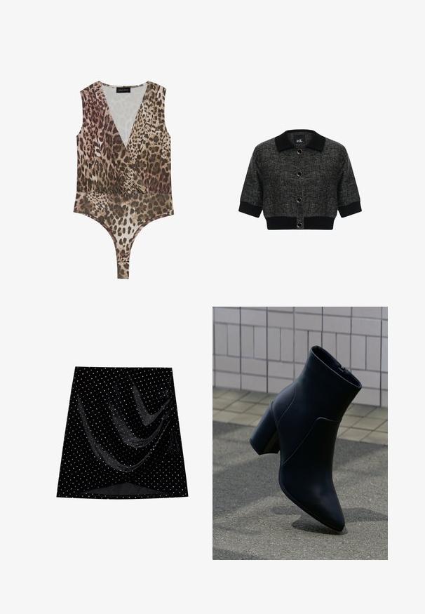 Kort sort cardigan med en struktureret krave, runde knapper og tekstureret stof. Forkortede ærmer og en solid sort kant fuldender designet.; Leopardmønstret bodysuit med dyb V-hals, ærmeløst design, sammensamlet talje og højskåret bund i nuancer af brun og beige.; Sort fløjlsskjørt med draperet design, udsmykket med sølvfarvede prikker og en glat tekstur. Kantene buer let nedad.; Sort læderankelstøvlet med blokhæle, spids snude og sidelås, placeret på grov asfalt nær flisebelagt væg.