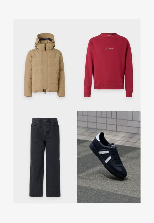 Beige pufferjack met afneembare capuchon, rits aan de voorkant en gestikte panelen. Beschikt over elastische manchet en een gladde buitenafwerking.; Bordeaux sweatvest van een katoenmix met een ronde hals, ribgebreide manchetten en onderrand. Voorzien van witte geborduurde tekst "Original Studio" op de voorkant.; Donkerblauwe denimbroek met een wijde pijp, vijf zakken en een knoopsluiting. Inclusief hardware in koperkleur en een subtiele textuur.; Zwarte leren sneaker met witte strepen, een gestructureerde rubberen zool en vetersluiting aan de voorkant. Voorzien van een merklabel op de tong.