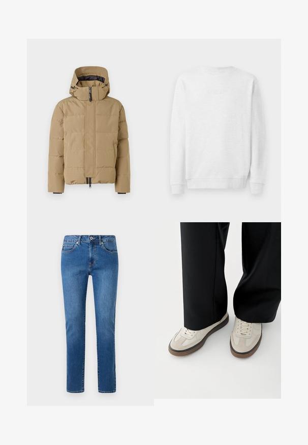 Beige Daunenjacke mit abnehmbarem Kapuzen, Reißverschluss vorne und gesteppten Paneelen. Verfügt über elastische Bündchen und eine glatte Außenfläche.; Weißes Sweatshirt mit Rundhalsausschnitt, gerippten Bündchen und Saum. Dezenter gestickter Logo auf der Vorderseite. Glattes Baumwollmischgewebe.; Blaue Jeans aus Jeansstoff mit geradem Bein, Fünf-Taschen-Design und einem geknöpften Bund. Enthält Nähte entlang der Säume.; Füße mit beigen Sneakers mit braunen Sohlen und schwarzen Hosen mit weitem Bein auf weißem Hintergrund.