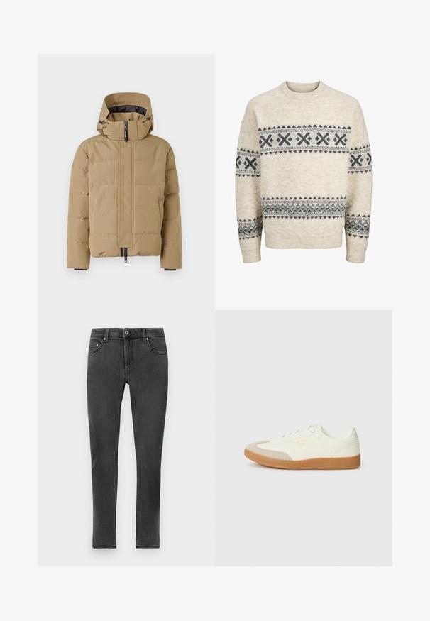Veste doudoune beige avec une capuche amovible, une fermeture éclair à l'avant et des panneaux cousus. Elle possède des poignets élastiques et une finition extérieure lisse.; Pull beige en maille avec des motifs géométriques gris foncé sur la poitrine, les manches et le bas du torse, doté d'un col rond et de poignets côtelés.; Jean skinny gris foncé en denim à la texture lisse, présentant un fermeture à boutons classique et un design standard à cinq poches.; Baskets en cuir blanc avec une coque beige et une semelle en caoutchouc marron clair. Dotées de lacets blancs plats et d'un logo embossé sur le côté.