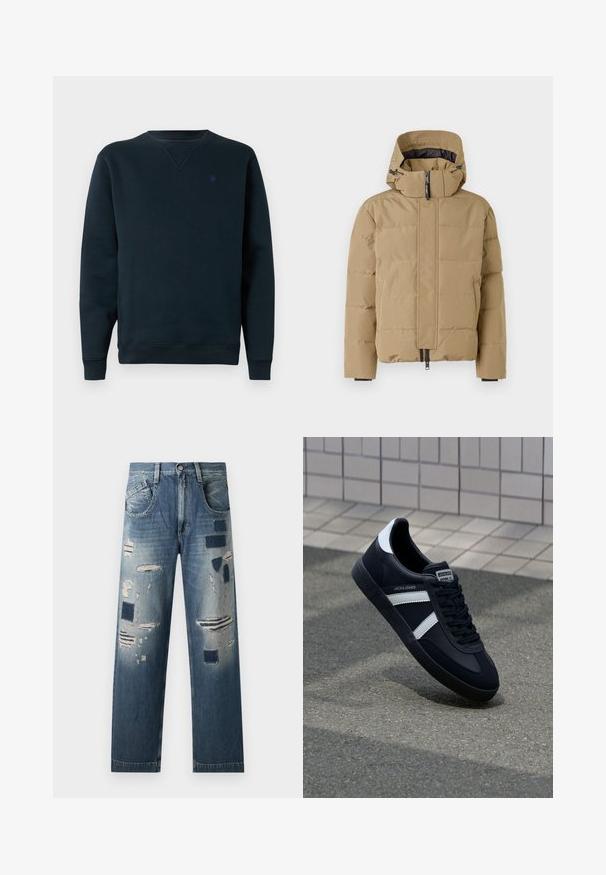 Beige pufferjakke med aftagelig hætte, lynlås foran og stitched paneler. Har elastiske manchetter og en glat overfladefinish.; Marine crew-neck sweatshirt lavet af blødt stof, med ribbede manchetter og kant, samt et lille logo på brystet. Enkel, minimalistisk design.; Denim jeans med slidte lapper og varierende nuancer af blå, med en lige benudskæring og traditionelt fem-lomme design.; Sort lædersneaker med hvide striber, tekstureret gummisål og snørrebånd foran. Har et brandet mærke på tungen.