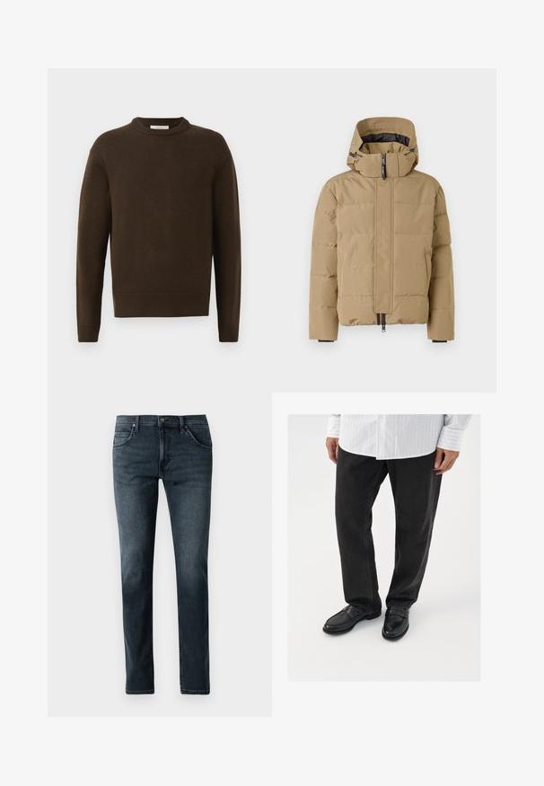 Beige pufferjakke med aftagelig hætte, lynlås foran og stitched paneler. Har elastiske manchetter og en glat overfladefinish.; Brun strikket sweater med rund hals, lange ærmer og ribbede manchetter. Blød tekstur, glat finish og en afslappet pasform.; Mørkeblå denim jeans med lige ben, fem-lomme design, lynlås foran og subtilt slid. Tekstureret stof med stikninger.; Sorte denimbukser parret med skinnende sorte loafers. Skjorten er hvid med tynde lodrette striber, har lange ærmer og en knapkrave.