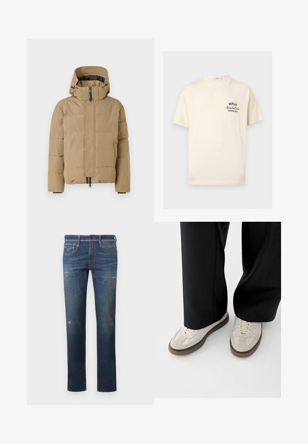 Beige pufferjack met afneembare capuchon, rits aan de voorkant en gestikte panelen. Beschikt over elastische manchet en een gladde buitenafwerking.; Crèmekleurig T-shirt met korte mouwen met zwarte tekst "REPLAY Squadra Corse ADRENALINA" op de linkerborst en een ronde halslijn.; Donkerblauwe denim jeans met een rechte pijp, voorzien van versleten plekken, subtiele vervaging en een traditionele vijf-pocketontwerp met een knoopsluiting.; Voeten met beige sneakers met bruine zolen en zwarte wijde broekspijpen op een witte achtergrond.
