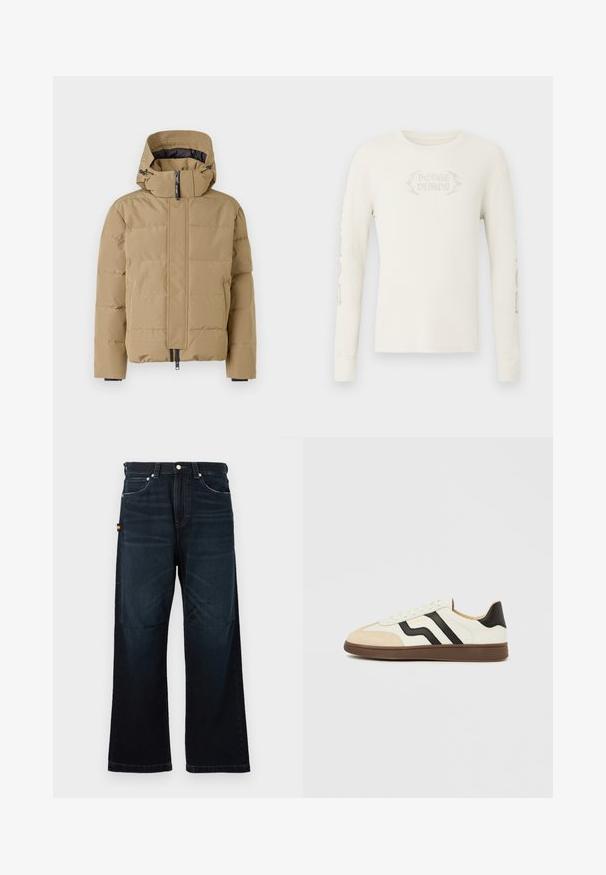 Beige Daunenjacke mit abnehmbarem Kapuzen, Reißverschluss vorne und gesteppten Paneelen. Verfügt über elastische Bündchen und eine glatte Außenfläche.; Langärmeliges, cremefarbenes, geripptes T-Shirt mit der Stickerei "DODGE DEMON" auf der Vorderseite und Grafiken auf dem rechten Ärmel. Weiche Textur.; Dunkelblaue gerade Jeans mit klassischem Fünf-Taschen-Design, Gürtelschlaufen und subtilen verblassten Details an der Vorderseite und an den Knien.; Weißer Ledersneaker mit schwarzen Streifen und hellbraunem Wildleder-Zehenkappe. Gummisohle in Dunkelbraun. Schnürsenkel und gepolsterter Kragen vervollständigen das Design.