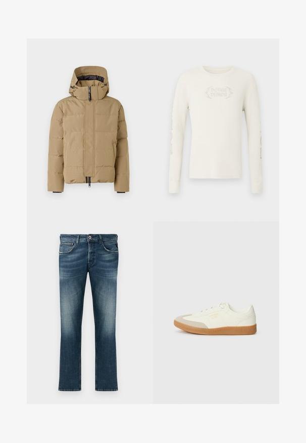 Beige pufferjack met afneembare capuchon, rits aan de voorkant en gestikte panelen. Beschikt over elastische manchet en een gladde buitenafwerking.; Crèmekleurig geribd T-shirt met lange mouwen, met "DODGE DEMON" geborduurd op de voorkant en afbeeldingen gedrukt op de rechter mouw. Zachte textuur.; Donkerblauwe denim jeans met een vervaagde was. Bevat het klassieke vijf-pocket ontwerp, rechte pijpen en een rode accentknop.; Schoen gemaakt van wit leer met een beige teenkap en een lichtbruine rubberen zool. Voorzien van platte witte veters en reliëfbranding aan de zijkant.