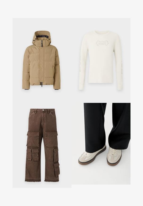 Beige pufferjakke med aftagelig hætte, lynlås foran og stitched paneler. Har elastiske manchetter og en glat overfladefinish.; Langærmet cremefarvet ribstrikket T-shirt med "DODGE DEMON" broderet på forsiden og grafik trykt på højre ærme. Blød tekstur.; Brune cargo bukser med løs pasform, flere sidelommer og frayed kantdesign. Lavet af robust, struktureret stof for holdbarhed.; Fødder iført beige sneakers med brune såler og sorte bukser med vide ben på hvid baggrund.