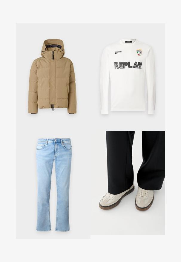 Beige pufferjakke med aftagelig hætte, lynlås foran og stitched paneler. Har elastiske manchetter og en glat overfladefinish.; Hvid langærmet skjorte med sort "REPLAY" tekst henover brystet, lille "REPLAY FC" tekst øverst til venstre, og et tri-farvet skjold emblem med tre stjerner øverst til højre.; Lyseblå denimjeans har en lige ben-design, fem lomme-styling og en knaplukning. Stoffet har en glat tekstur med falmede accenter.; Fødder iført beige sneakers med brune såler og sorte bukser med vide ben på hvid baggrund.