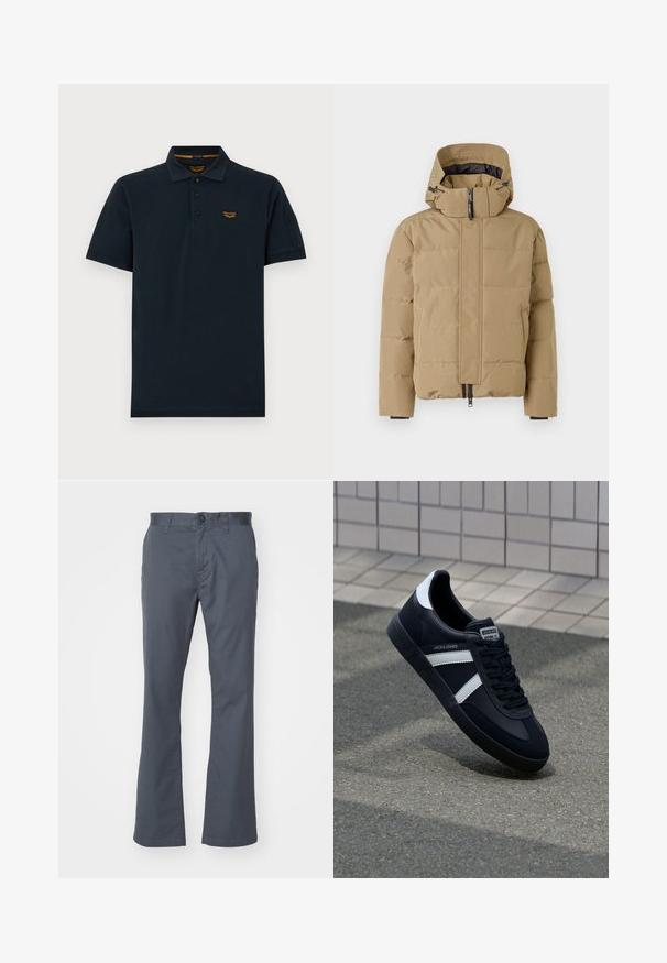 Beige pufferjakke med aftagelig hætte, lynlås foran og stitched paneler. Har elastiske manchetter og en glat overfladefinish.; Mørk navy kortærmet poloshirt med tre knapper, krave og lille orange PME Legend logo på venstre bryst.; Mørkegrå, lige ben bukser lavet af bomuldsblanding, med knaplukning foran, bæltestropper og standardlommer. Glat tekstur.; Sort lædersneaker med hvide striber, tekstureret gummisål og snørrebånd foran. Har et brandet mærke på tungen.