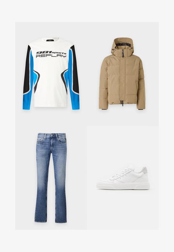 Beige pufferjack met afneembare capuchon, rits aan de voorkant en gestikte panelen. Beschikt over elastische manchet en een gladde buitenafwerking.; Langermige sportshirt met een witte voorkant, zwart en blauwe mouwen en het logo "981 sports REPLAY" gedrukt op de borst.; Lichtblauwe denim jeans met een uitlopende pijpdesign, voorzien van vijf zakken, een knoopsluiting aan de voorkant en subtiele vervaging overal.; Witte leren sneakers met een gladde afwerking, ronde neus, platte veters en een gestructureerde zool. Grijze suède accent bij de hiel.