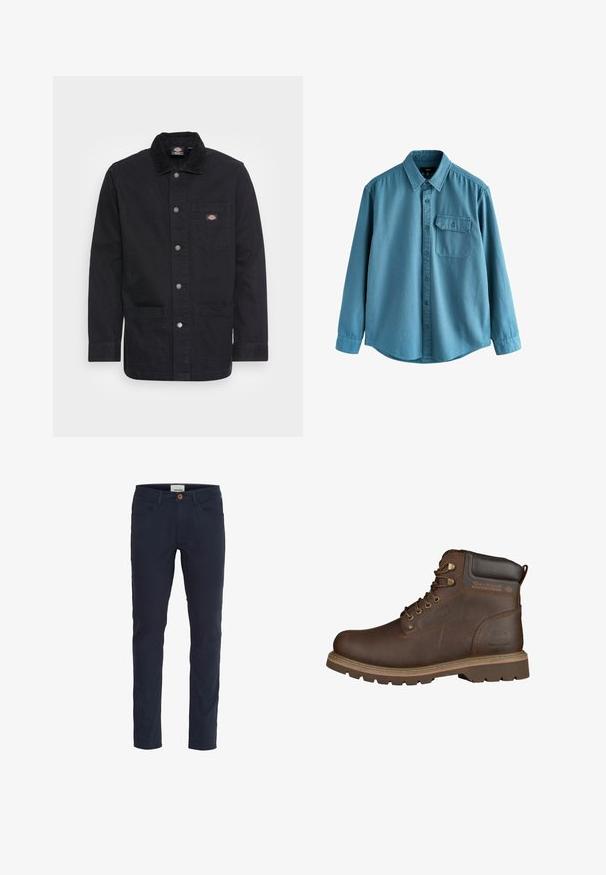 Zwarte denim werkjas met een kraag, drukknoopsluiting, borstzak en twee voorzakken. Glad textuur met een stevig ontwerp.; Blauwe lange mouw knoopshirt van zacht materiaal. Heeft een kraag, borstzak en afgeronde zoom met een gladde textuur.; Marineblauwe broek van een katoenmix. Slim fit ontwerp met vijf zakken, een knoopsluiting en een gladde textuur.; Bruine leren enkellaars met ronde neus, metalen oogjes, vetersluiting, rubberen zool en lichte stiksels.