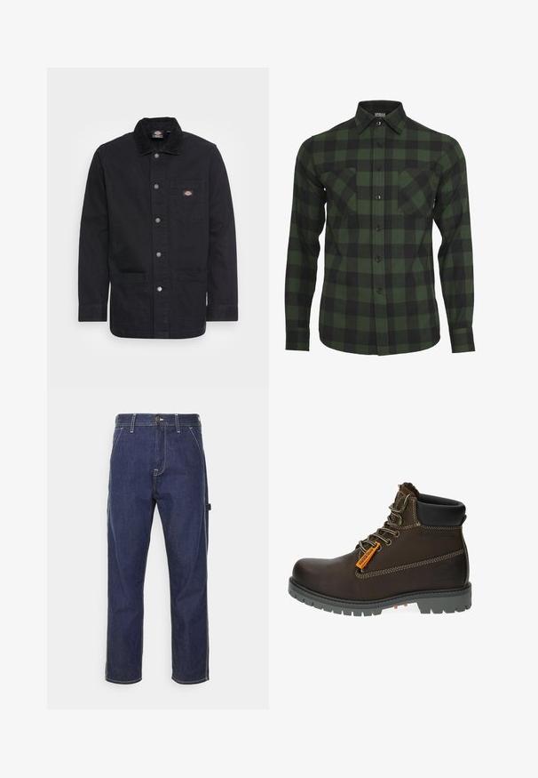 Sort denim arbejdsjakke med krave, trykknapper, brystlomme og to forlommer. Glat tekstur med robust design.; Grøn og sort ternet flannel-skjorte med lange ærmer, knaplukning, to brystlommer og klassisk kravedesign.; Mørkeblå denim cargo bukser med gul syning, sidelommer og en lige pasform. Funktioner en knap- og lynlåslukning.; Brun læder ankelstøvle med grå gummisål, orange accentmærke og metaløjer. Har kontraststikning og polstret krave.