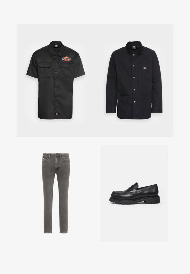 Sort denim arbejdsjakke med krave, trykknapper, brystlomme og to forlommer. Glat tekstur med robust design.; Kortærmet sort skjorte lavet af holdbart stof, med to brystlommer, knaplukning for og et farverigt logo på venstre bryst.; Slim-fit grå denimjeans med frontknap og lynlås, fem-lomme-design og falmet tekstur.; Sort læderloafer med tyk rillede sål og penny-remdetalje, vist i højre sideprofil på hvid baggrund.