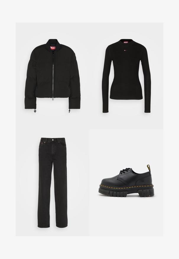 Diesel W-OLUCH - Veste d'hiver - black; T-shirt noir à manches longues en tissu à côtes, avec un col rond et un petit logo Diesel rouge brodé sur la poitrine.; Jean noir à jambe droite avec cinq poches, bouton à l'avant et passants de ceinture, présenté sur fond blanc.; Chaussures en cuir noir avec une semelle épaisse et texturée. Les caractéristiques comprennent des coutures jaunes, un bout arrondi et une languette à l'arrière.